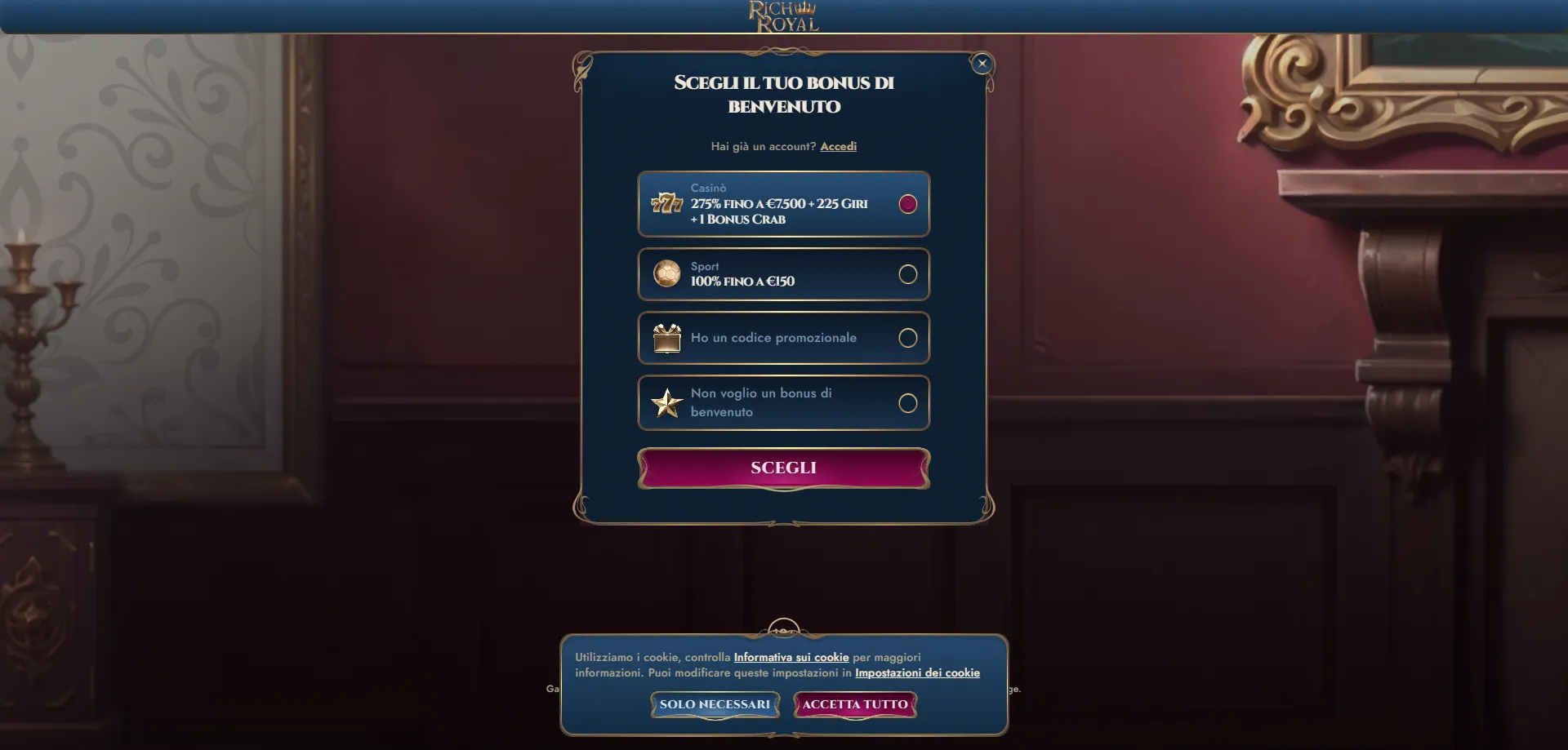 Registrazione account RichRoyal Casino Italia passo dopo passo