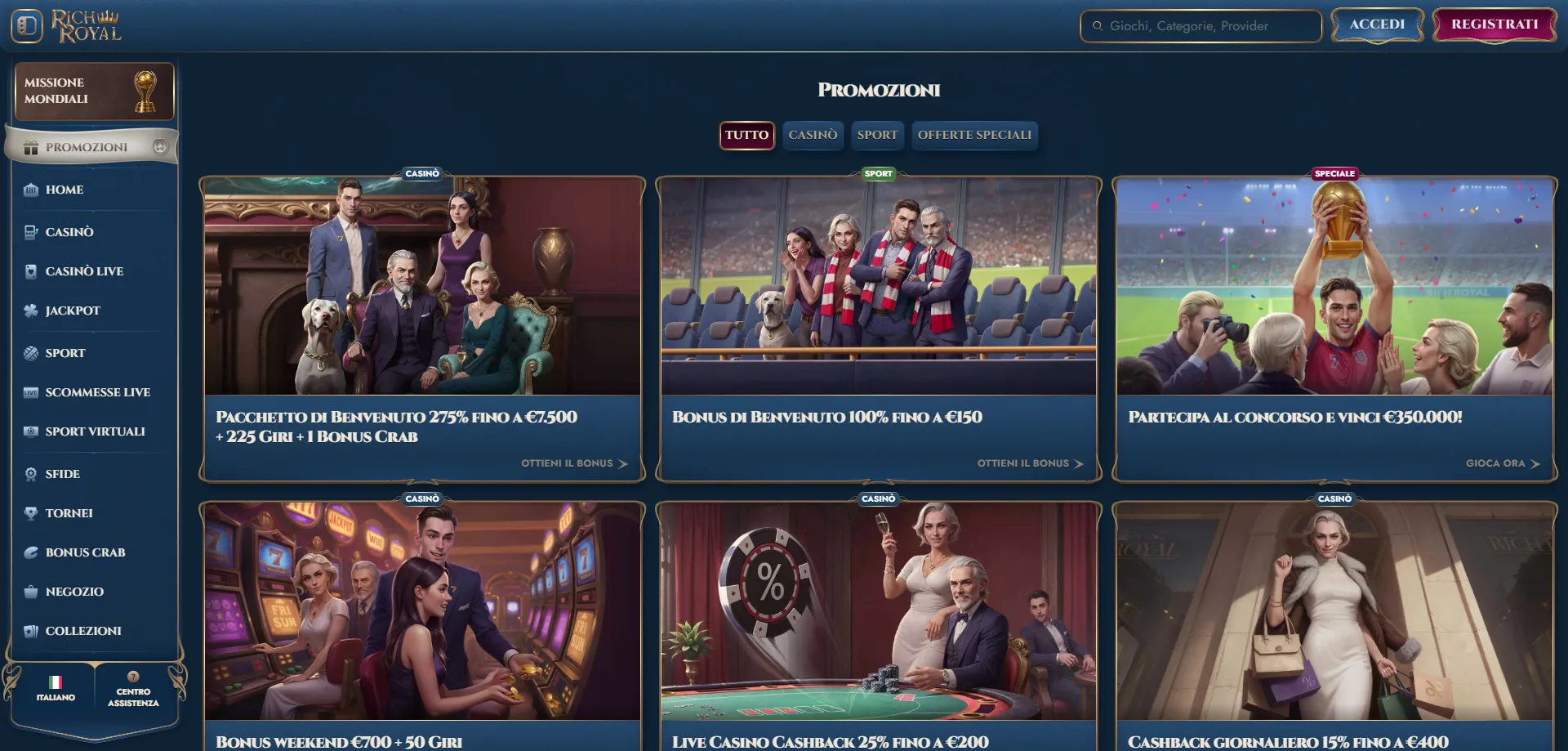 Bonus di benvenuto RichRoyal Casino Italia fino a 7500 euro